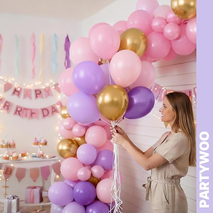 PartyWoo Pink Purple and Gold Balloons 66pcs 12 Inch Baby Pastel Light Pale Pink Purple Metallic Gold Balloons for Graduation Baby Shower Birthday Butterfly Anniversary Princess Party Decorations