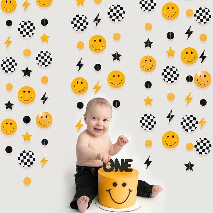One Happy Dude 1st Birthday Decorations Black Yellow Smile Face Lightning Star Checkered Circle Dot Smiley Face Garland Streamer for Baby Shower First Birthday Wedding Hippie Party Decoration Supplies