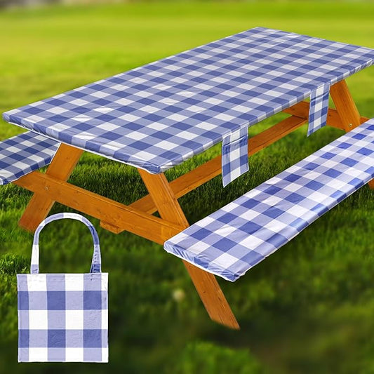 Picnic Table Cover with Bench Covers Vinyl Elastic Edges Fitted Rectangle Seat Tables Waterproof 3-Piece96X30in Set Outdoor Rectangular Folding Backing Tablecloth for Camping Over Size