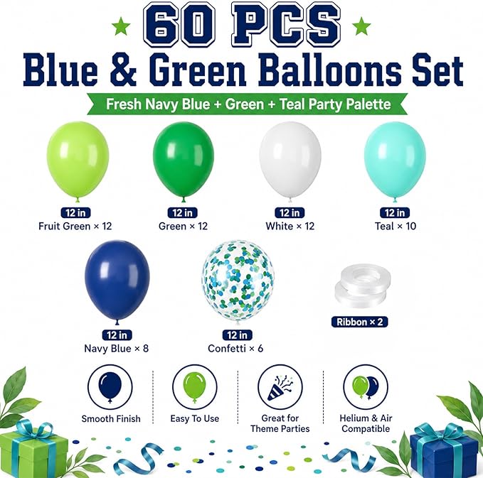 Blue and Green Balloons 60PCS Green and Blue Balloon Set, 12 Inch White Metallic Confetti Latex Balloon for Jungle Dinosaur Kids Boys Birthday Baby Shower Wedding Graduation Party Decor