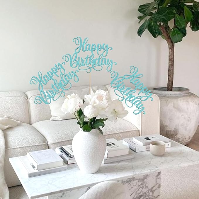 12 PCS Happy Birthday Centerpieces Sticks Double Sided Glitter Birthday Party Decorations Anniversary Table Flower Centerpiece for Celebrating Birthday Party Centerpieces Supplies Light Blue