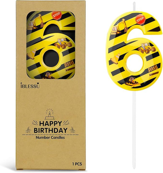 Number 6 Construction Birthday Candle, 2.68 Inch Yellow and Black Striped Candle, Birthday Candles Numbers Construction Cake Topper for Boys Girls, Construction Birthday Party Supplies Decorations