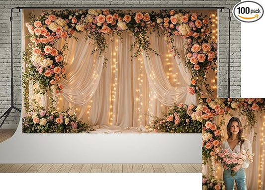 Kate 10x6.5ft Blush Floral Curtain Photography Backdrop with Lights Romantic Peach Rose Sheer Curtain Photo Background for Wedding Bridal Shower Birthday Party Photoshoot