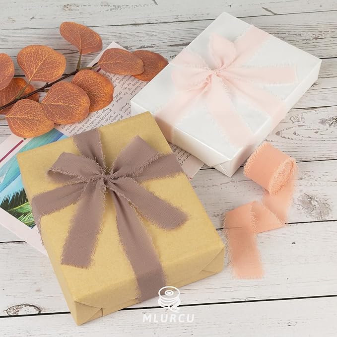 Dusty Rose Chiffon Ribbon 1 Inch x 21Yds Handmade Fringe Chiffon Silk Ribbon Brown/Peach/Pink Frayed Chiffon Ribbon for Gift Wrapping Wedding Invitation Bridal Flower Bouquets