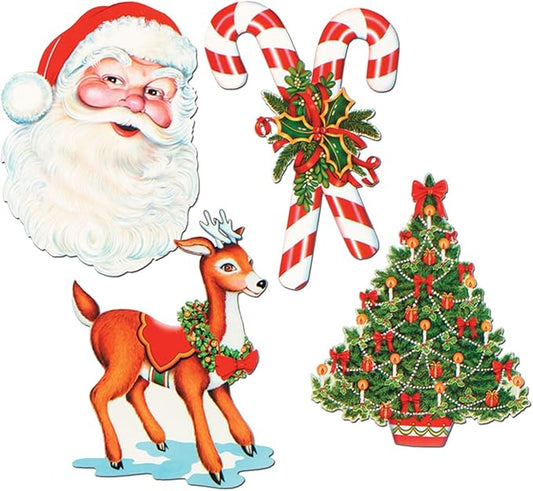 Beistle Christmas Cutouts – 4 Pack Double-Sided Holiday Decorations Featuring Festive Santa Clause, Reindeer, Candy Canes and Christmas Tree Designs, Cardstock Paper, 16 In to 17 In