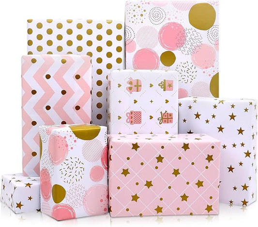 MAMUNU Gift Wrapping Paper for Girl Women, 12 Sheets Metallic Gold Foil and Pink Wrapping Paper, Gift Wrapping Paper Sheets for Birthday, Valentines Day, Wedding, Baby Shower, 28x20inch