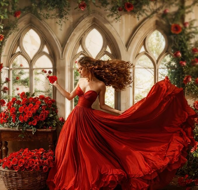 Kate 7x5ft Gothic Window Red Rose Backdrop Vintage Floral Castle Arched Window Photo Background for Wedding Bridal Shower Birthday Party Photoshoot Decor