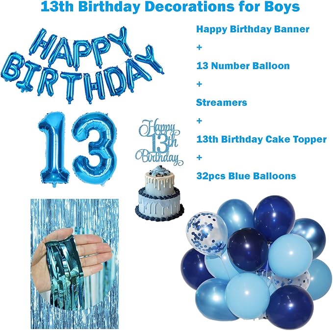 13th Birthday Decorations for Boys 13th Birthday Balloons 13 Cake Topper Happy Birthday Banner Blue Streamers Happy 13th Birthday Decorations