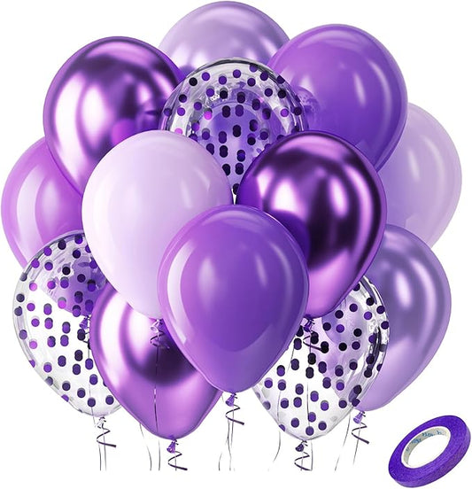 Bezente Purple Latex Balloons Kit, 60pcs 12 inch Dark Purple Metallic Chrome Confetti Lavender Lilac Balloons for Women Birthday Wedding Baby Bridal Shower Halloween Themed Party Decorations