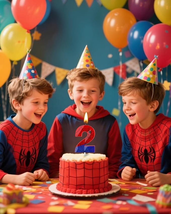 Number 2 Spider Themed Birthday Candle, 2.68 Inch Red Blue Spider Birthday Candles, Number Candles Birthday Cake Toppers Web Candles for Boy Girl Spider Party Decoration Supplies Halloween Party