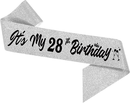 It's My 28th Birthday Sliver Sash - Sparkling Happy 28 Birthday Satin Sash for Boy Girl - 28 Years Old Birthday Party Decorations