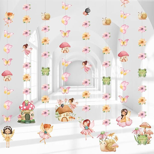 Daifunli 8 Pcs Fairy Party Decorations Fairy First Birthday Hanging Garlands Banner Butterfly Mushroom Flower Paper Cutouts Streamer for Wall Ceiling Decor Wonderland Garden Tale Floral Party Supplies