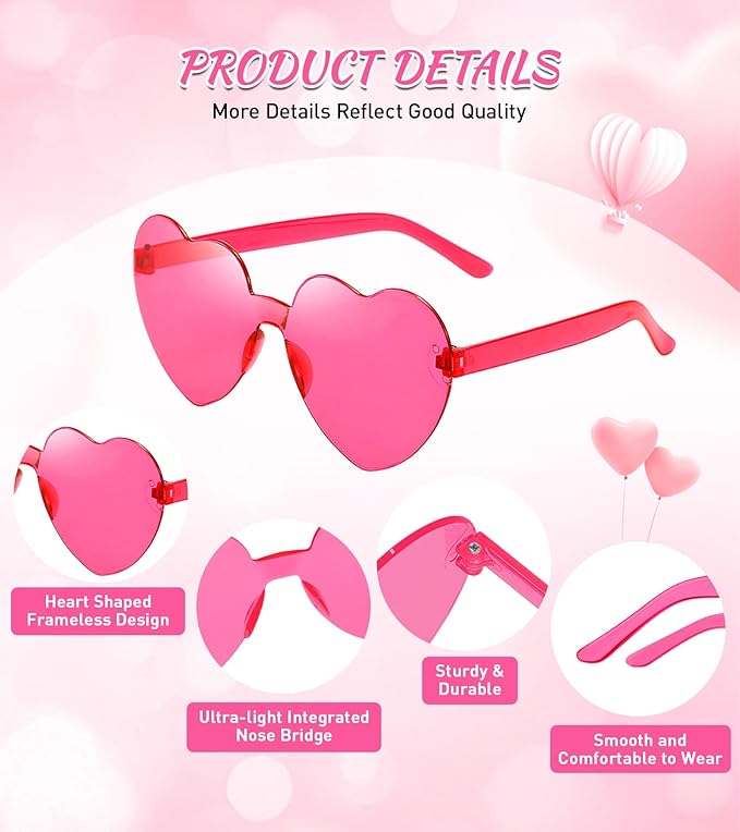 Matcheck 48 Pack Heart Rimless Sunglasses Frameless Colored Party Glasses Transparent Fun Eyewear for Adult