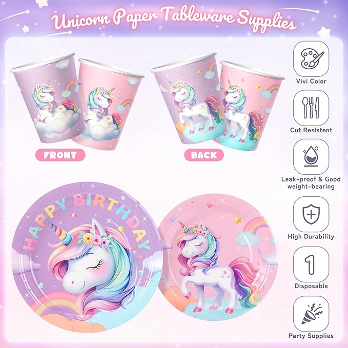 171Pcs Unicorn Birthday Party Decorations with Unicorn Rainbow Banner and Tablecloth, Birthday Party Supplies with Plates Cups Napkins Straws Cutlery, Pink Purple Disposable Tableware for 24 Guests