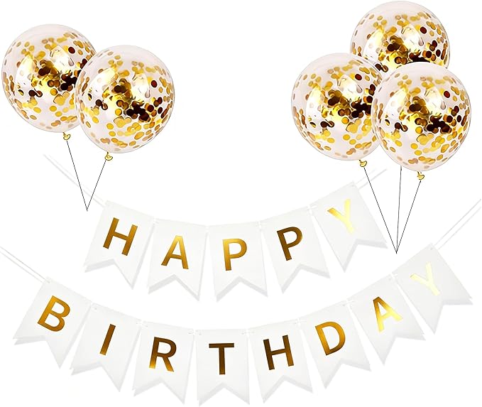 Happy Birthday Banner Sign Bunting Hanging Decorations with Shiny Gold Balloons Birthday Party Sign Decor for Party Supplies(white)