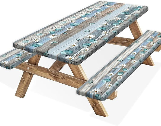 Floral Picnic Table Cover with Bench Covers, Camping Essentials, Wooden Flower Butterfly Waterproof Windproof, Fitted Tablecloth Cover with Elastic Edge, for Indoor, Outdoor, 3 PCS, 30x96 Inch
