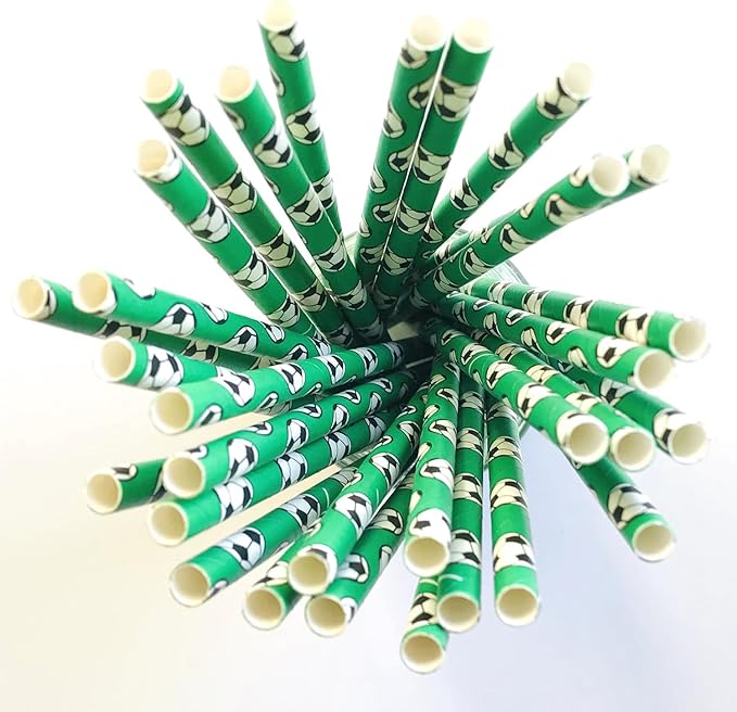 100 pcs Sports Party Paper Straws, Green Black White Soccer Football Bar Soda Juice Drinking Straws, Kids Boy Birthday Baby Shower Game Day World Cup Ball Cake Pop Sticks (Green With Soccer)