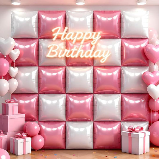 50Pcs Pink and White Square Foil Balloons Wall Backdrop, Double Sided Metallic Foil Balloons Tunnel Arch Garland Kit for Photo Booth Birthday Wedding Halloween Christmas Party Decorations