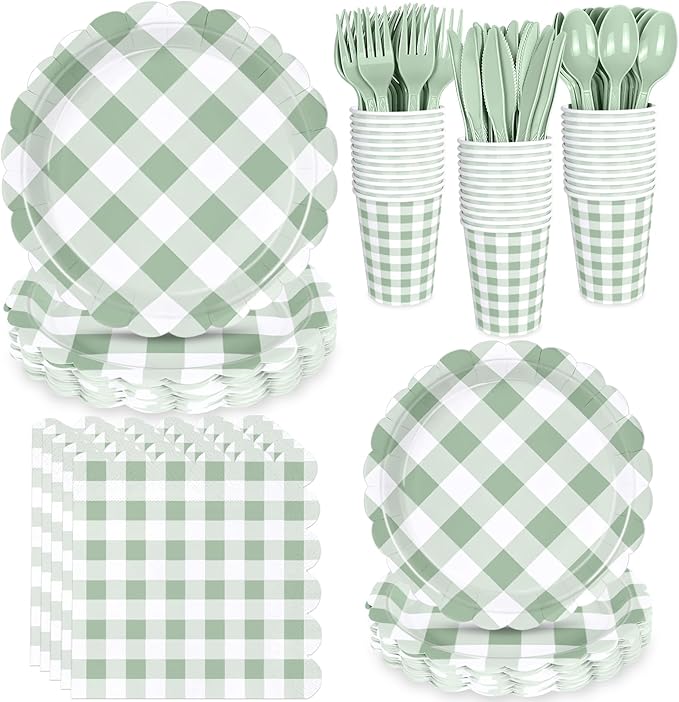 175 Pcs Sage Scalloped Gingham Party Supplies for 25 Guests, Sage and White Checkered Paper Plates, Cups and Napkins Sets for Baby & Bridal Shower, Wedding, Birthday Party, Outdoor Picnic