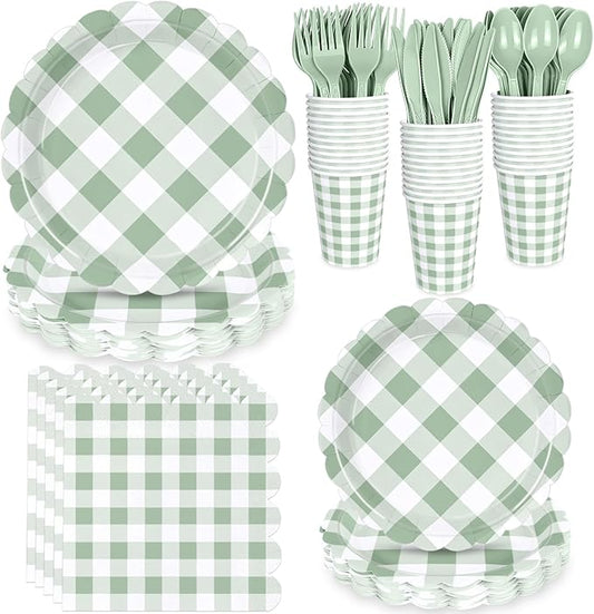 175 Pcs Sage Scalloped Gingham Party Supplies for 25 Guests, Sage and White Checkered Paper Plates, Cups and Napkins Sets for Baby & Bridal Shower, Wedding, Birthday Party, Outdoor Picnic