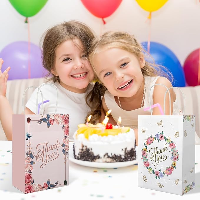 Ethanberg 20Pcs Thank You Gift Bags Floral Design with Handles, 8.2" x 5.8" x 3.15" Thank You Kraft Paper Bags for Business, Boutique, Wedding, Birthday, Party Return Favor