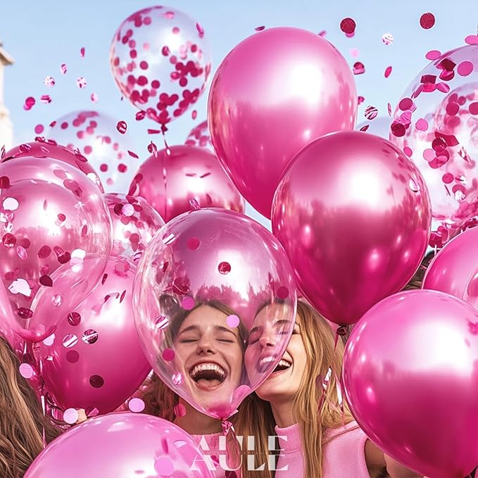 AULE Party Balloons Pack of 42 - Metallic Chrome Pink Balloons and Pink Confetti Latex Helium Balloons With 64ft Ribbons - 12 Inch Balloon Decoration Set