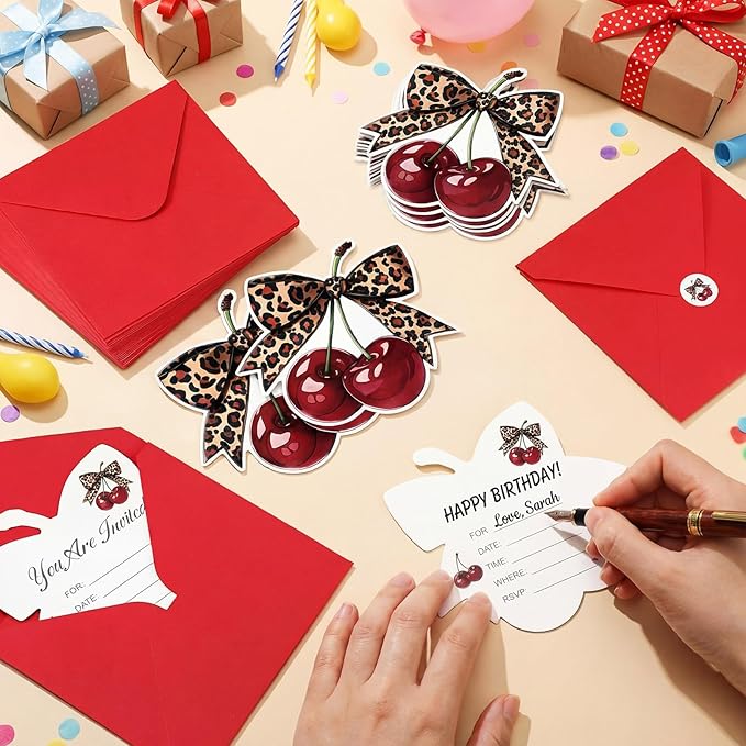 Marspark 25 Set Cherry Cheetah Print Birthday Invitation Paper Card with Envelopes and Leopard Stickers Wedding Birthday Bachelorette Invitation Party Supplies for Girls Dinner Favors, 5 x 6 Inch