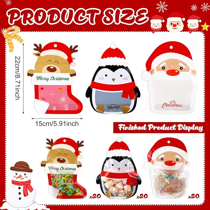 Resurhang 60 Pcs Christmas Treat Bags Candy Zipper Cute Reindeer Penguin Santa Claus Food Goodie Gifts Bags Resealable Christmas Snack Candy Containers with Handle for Xmas Party Supplies