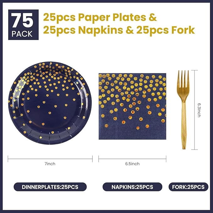 75PCS Blue and Gold Paper Plates and Napkins Party Supplies Blue Gold Dessert Plates Graduation Napkins Disposable Paper Tableware Set for Birthday Graduation Retirement Decorations Serves 25