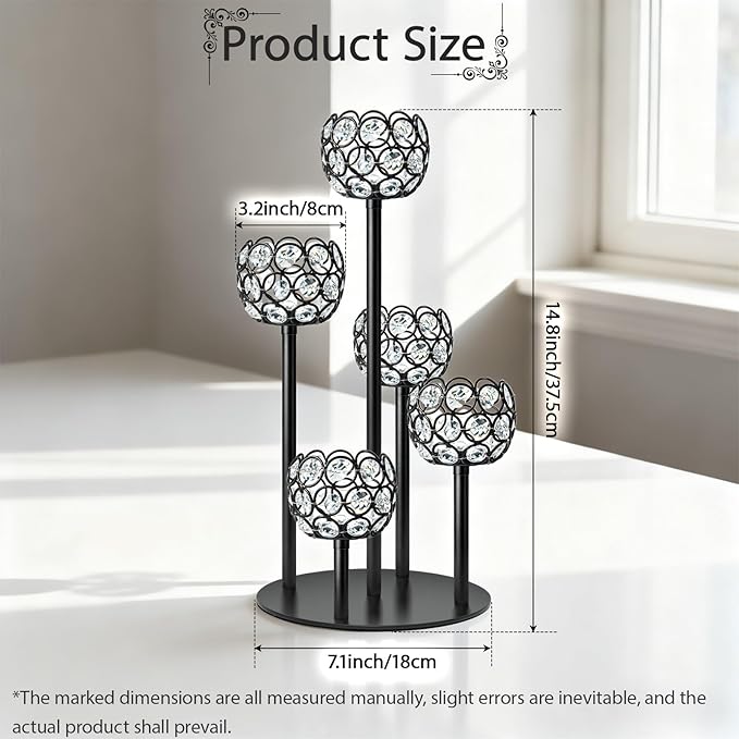 5-Arm Crystal Tealight Candelabra Centerpiece, 14.8 Inch Metal Candle Holder for Table Decor, Wedding, Christmas, Party, Anniversary & Home Decoration (1, Black, S-14.8 in)