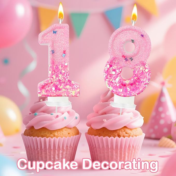 Pink Sequin Birthday Candles, Cake Number Candles, Girls 0th Birthday Decorations, Suitable for Birthday Parties, Anniversary Party Decorations(18)