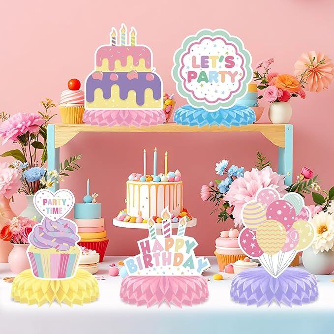 12 Pieces Happy Birthday Centerpiece Decorations Pastel Birthday Table Decorations Rainbow Macaron Bday Centerpieces for Tables for Girls Women Pastel Birthday Party Supplies