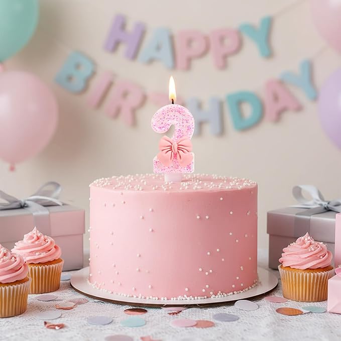 Pink Bow Number 2 Birthday Candle, Glittering Candles Birthday Cake Topper, Princess Themed Party Decor for Girls and Women Anniversary Party Supplies