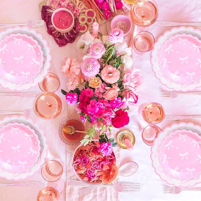 161PCs Pink Bow Party Supplies Pink Coquette Plates Napkins Cups Tablecloth Straws Forks Spoons Knives for Birthday Party Bachelorette Decor Bridal Engagement Coquette Party Supplies for 20 guests