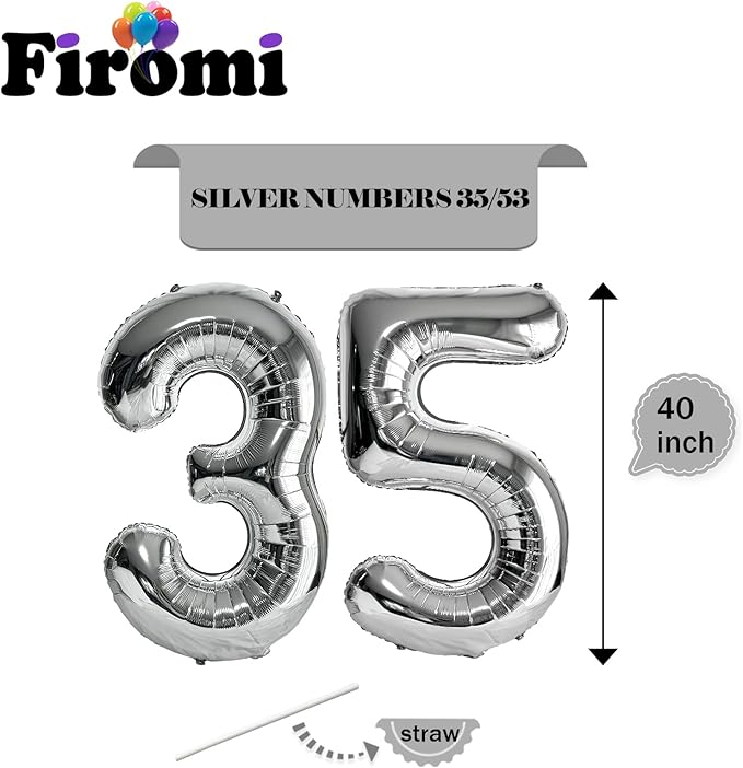 FIROMI 35 Number Balloons Silver Big Giant Jumbo Huge Foil Mylar 35 Balloon Numbers for 35th Birthday Party Anniversary Events Decorations 40-inches