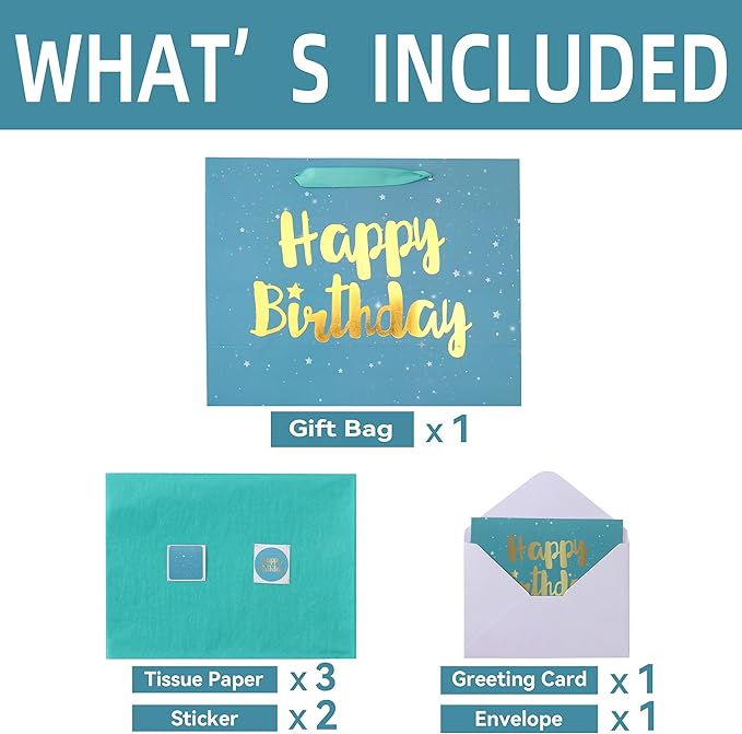 Qirrmiy 13” Large Green Happy Birthday Gift Bag Set with Handles, Greeting Card, Tissue Papers and Stickers for Women Men Boys Girls Kids, Stars Design, 1 Pcs.
