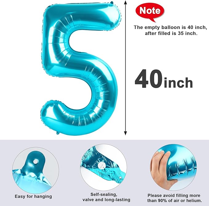 Balloon Numbers 40 Inch 5 Ballon for 5th Birthday Decorations, 15 25 35 50 Big Light Blue Number Balloons for Wedding Photo Shoot Party Decor