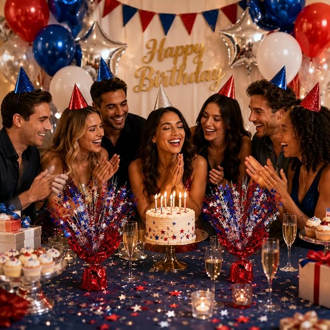 4 Pack Metallic Foil Spray Centerpiece Stars for Wedding, Birthday, Anniversary, Christmas Table Decor, Holiday Festival Baby Shower Graduation Mantle Party Decorations (Red&Blue&Silver)