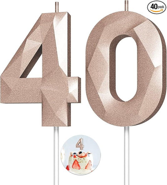 Number Birthday Candles(40 Candle Rose Gold) 3D Diamond Shape Number Happy Birthday Cake Candles for Birthday Party Wedding Decoration Reunions Theme Party
