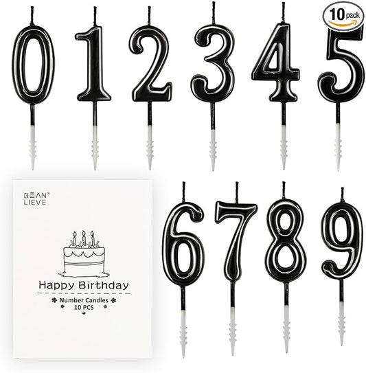 Beanlieve Black Numeral Birthday Candles - Cake Numeric Candles Number 0 1 2 3 4 5 6 7 8 9,Used for Cake Decoration on Birthday Parties and Wedding Anniversary Celebrations(10 Pieces)