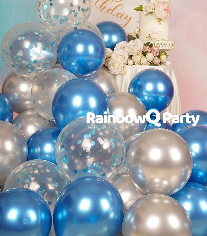 Metallic Shiny Blue and Silver Balloons 12 Inch 67PCS Silver Blue Confetti Balloons Latex Helium Balloon Set for Graduation Wedding Birthday Party Decorations
