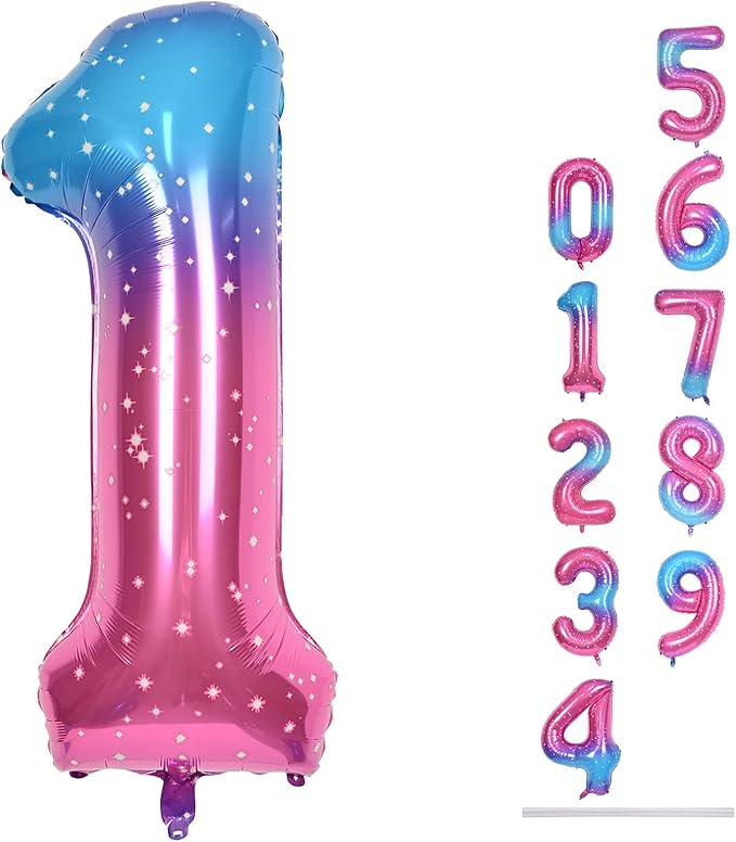 40 Inch Gradient Rainbow Number 1 Balloon for 1st Birthday Decoration, Large Self Inflating Blue Pink Foil Number Balloons 0-9 for Girls, Starry 1 Helium Balloons for Women Party Anniversary Supplies
