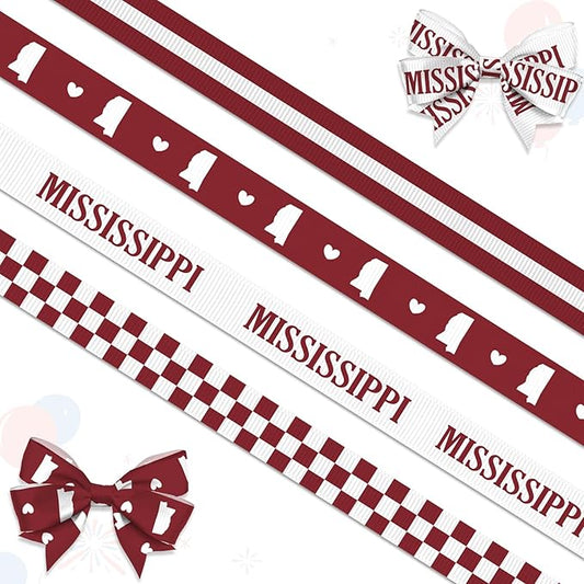 4 PCS Mississippi Ribbons for Crafting, 3/8" Width Red White Stripes Plaid Ribbons Mississippi Map Craft Ribbons for Gift Wrapping DIY Sports Birthday Decorations-10 Yards