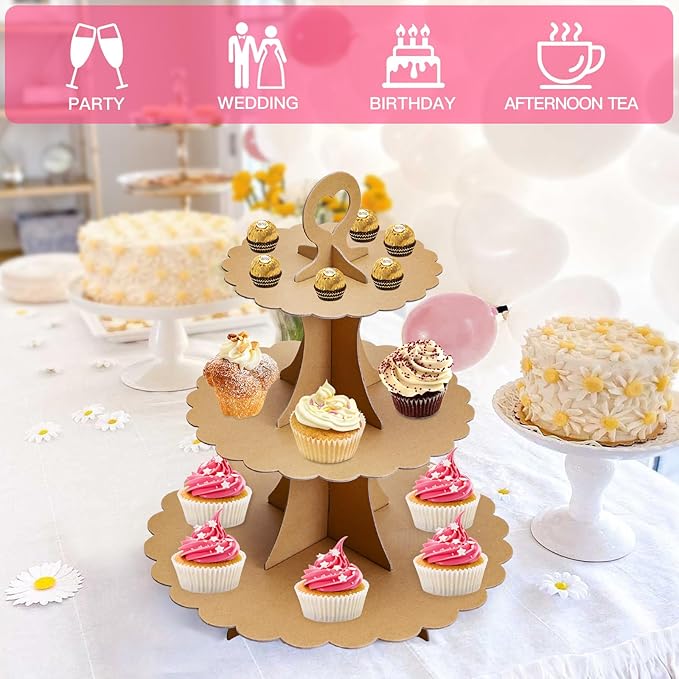 Soleebee 3-Tier Cupcake Stand, Cardboard Cupcake Tower, Dessert Cup Cake Stand Tower for Birthday Wedding Party Decoration, Cupcake Tier Stand 2 Set (Brown)