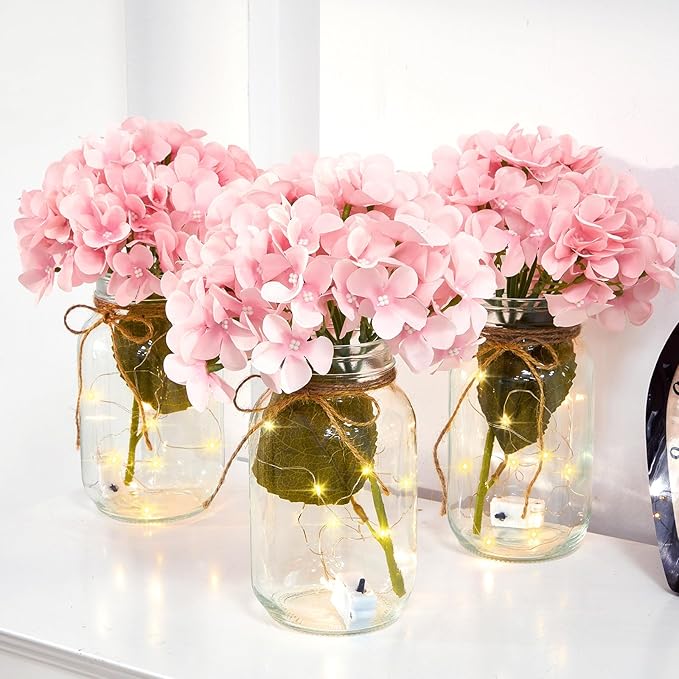 6 Sets Mason Jar with Lights Pink Hydrangea Decorative Pink Centerpieces for Tables Mason Jars Flowers Decorations LED Farmhouse Vase for Home Wedding Event Party Decor