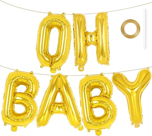 Gold Oh Baby Balloons - 16 Inch Letters for Baby Shower, Gender Reveal Decorations, Backdrop Sign (Gold)