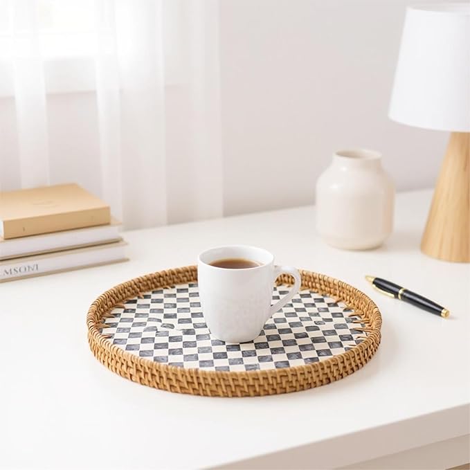 Round Rattan Tray with Mother of Pearl Inlay, Handwoven Wicker Coffee Table Serving Basket Tray for Fruit Snack Party Picnic Cafe Bedroom Kitchen Home Decor Set of 2 (Checkerboard)