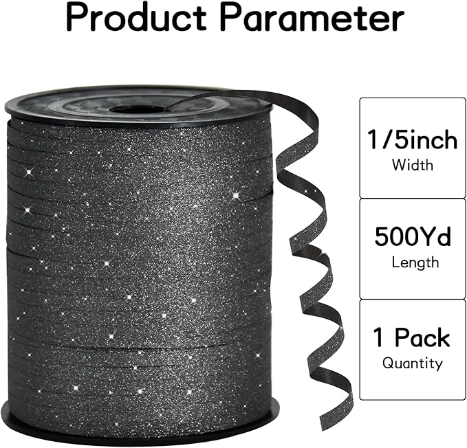 BEISHIDA Glitter Ribbon - 500 Yards Black, Curling, Crimped for Gift Wrapping, Balloons, Art, Craft, Decor, Florist, Flowers