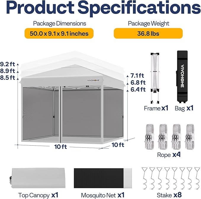 VIVOHOME 10x10ft Easy Pop-Up Canopy, Outdoor Screen Tent with Mosquito Netting, 2 Zipper Doors, and Roller Bag for Yard Camping Picnic Party Events, White