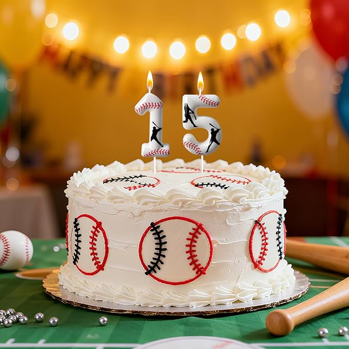 Baseball Birthday Number Candle, Number Candles for Cake Topper, Ideal Birthday Parties Cake Decor, Wedding Anniversary and Other Celebrations (Candle 15)